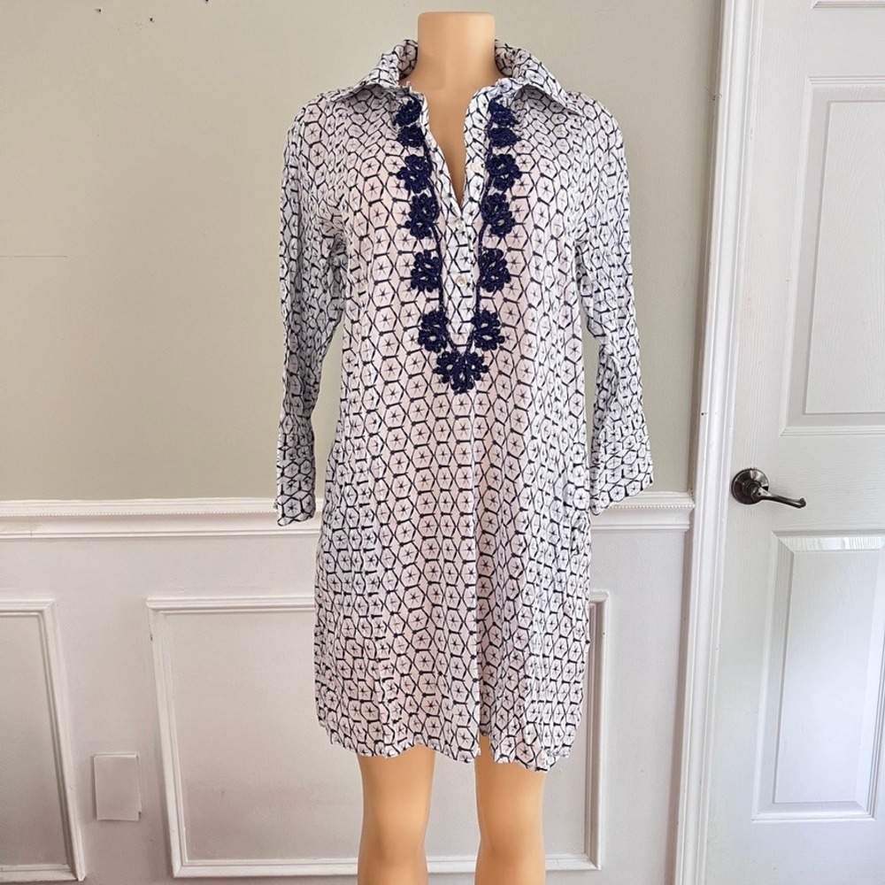 Helen Jon Tunic Cover Up Womens Medium Cotton Embroidered Blue White Geometric